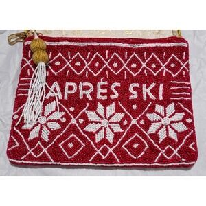 India Handmade Beaded Clutch APRES SKI Red White Tassel Cosmetic Bag NWT